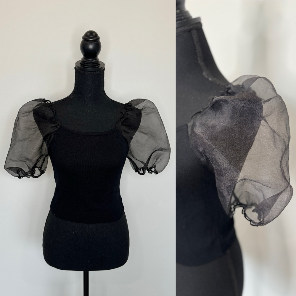 Black Bubble Sheer Sleeves Crop Top